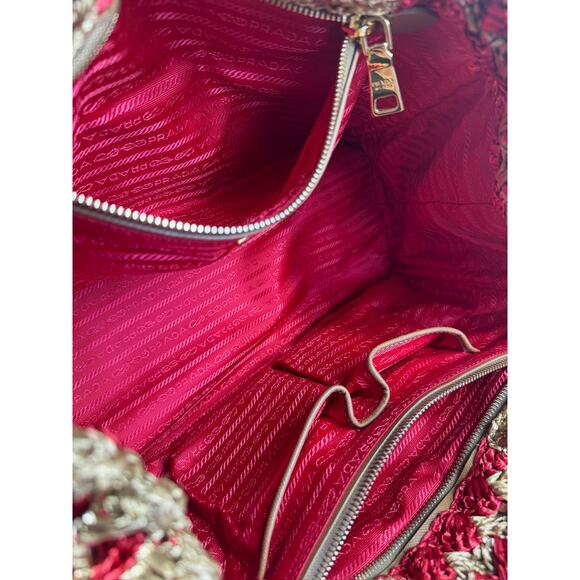 Prada 2012 Red & Brown Crochet Raffia Medium Canapa Tote Bag - Picture 9 of 9
